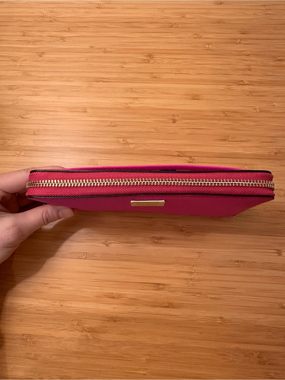 Kate Spade Pink Wallet with Striped Lining and Gold Plaque Detailing - Picture 2 of 9